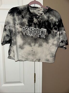 Tie-Dye Cropped Graphic Tee - Black & Gray